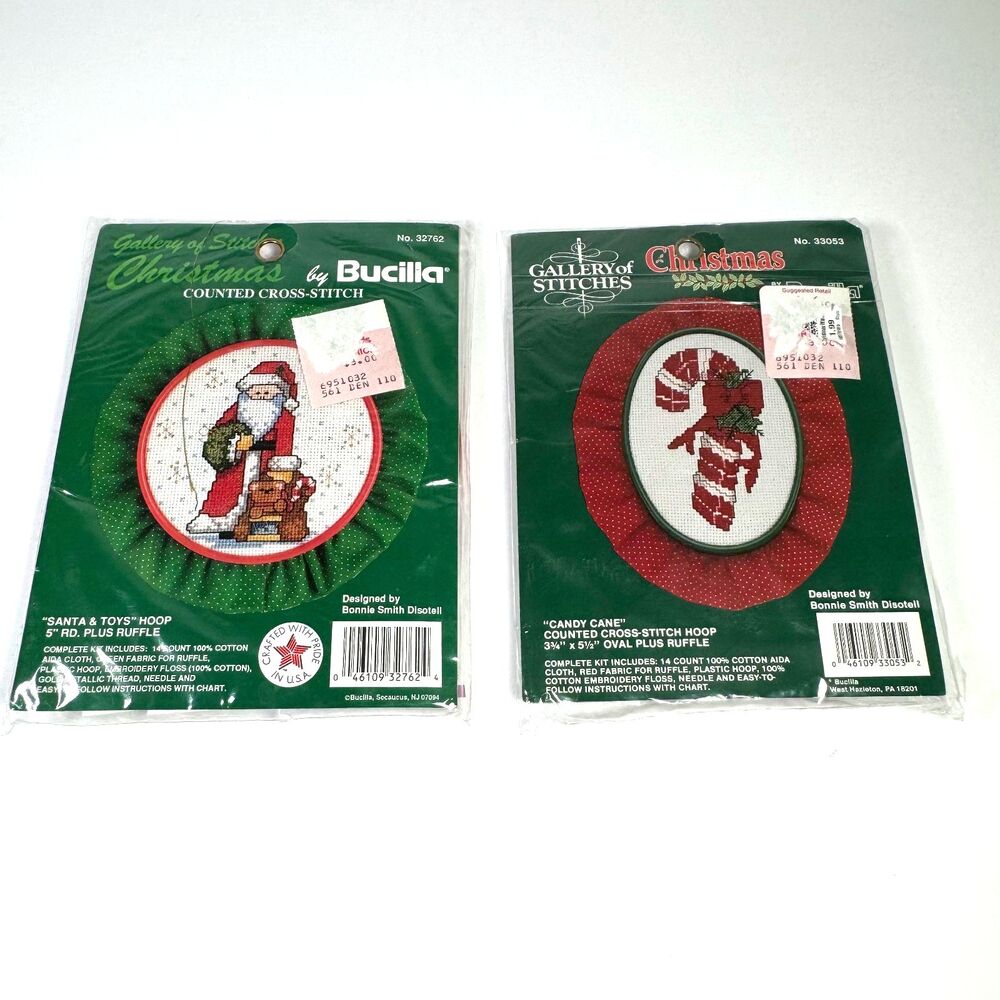 Bucilla Counted Cross Stitch Candy Cane Hoop Kit Santa & Toys Christmas LOT of 2
